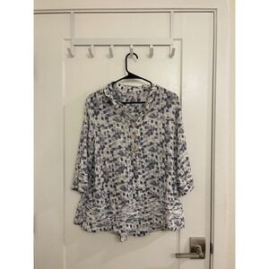 John Mark Linen Blend Geometric Boho Indie Chic Blouse Quarter Sleeve